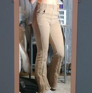 Flare stylish tan high waisted form fitting khakis